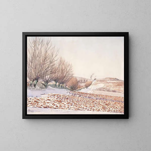 Landscape with willows and snow-covered fields - Fritz Syberg — framed artwork on a wall