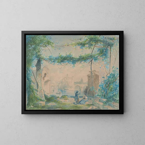 Landschap Italië met koppel aan de rivierkant - Fritz Wolff — ingelijst kunstwerk aan de muur