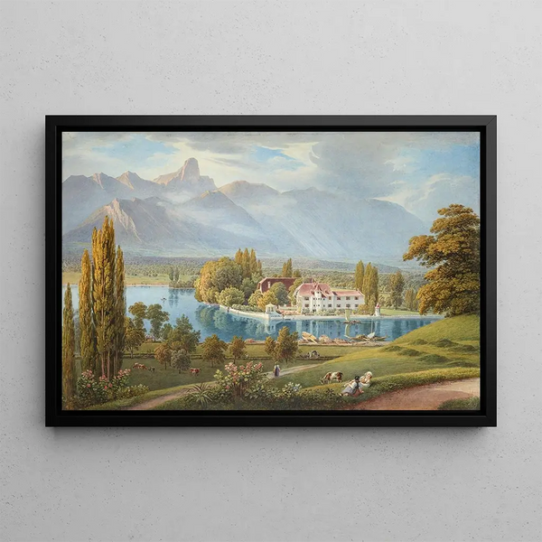 van Schilderij Vue de Schadau avec l'embouchure de l'Aar près de Thoune - Gabriel Lory le Jeune — ingelijst kunstwerk aan de muur