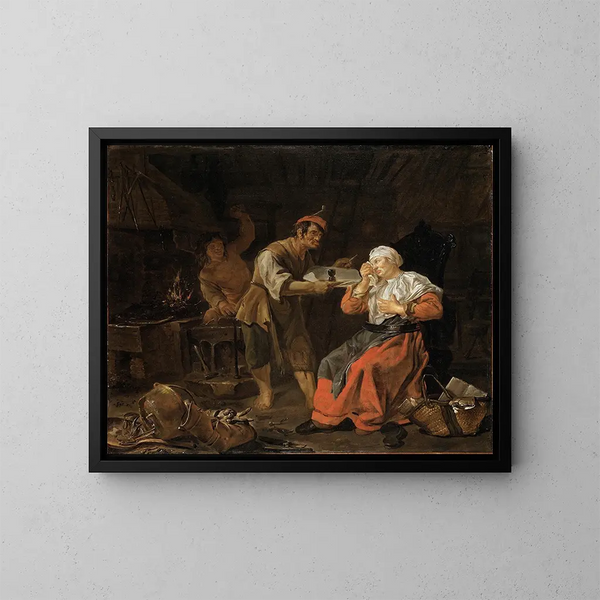 Old woman in an armchair with gossip - Gabriel Metsu — framed artwork on a wall