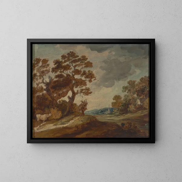 Landscape painting with a cow in the foreground on the left - Gainsborough Dupont — framed artwork on a wall