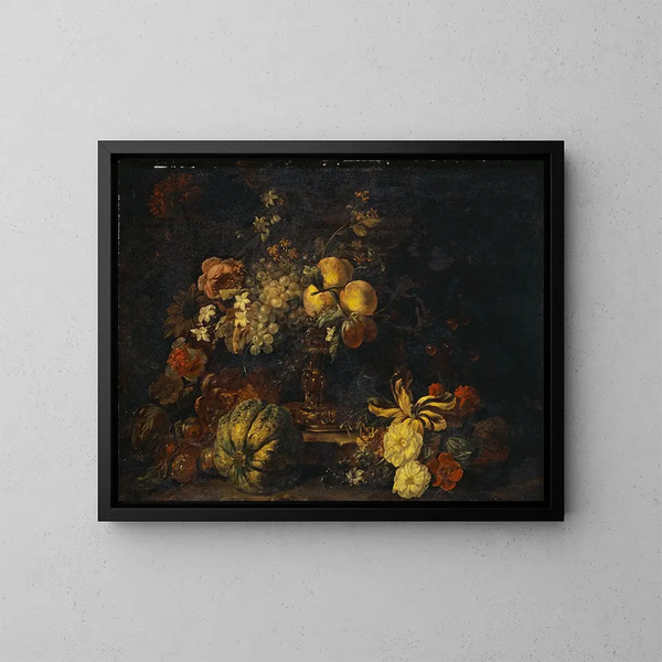 Still life with flowers and fruits - Gaspar Peeter Verbruggen the Younger — framed artwork on a wall