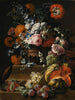 Nature morte with hollyhock, carnations, and various flowers in a vase on a pedestal with a melon, cherries, grapes, and plums on a ledge - Gaspar Peeter Verbruggen the Younger — artwork view
