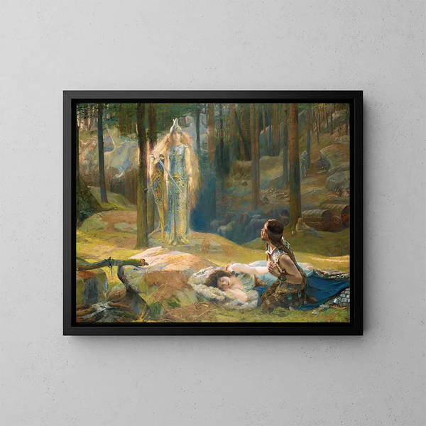 The Revelation of Brünnhilde Discovering Sieglinde and Siegmund - Gaston Bussière — framed artwork on a wall