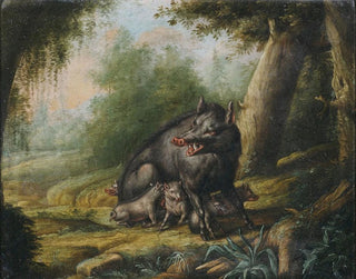 Georg Ernst Sandner - Eine Wildsau mit ihren Jungen Ein Br wird von Bienen attackiert.webp