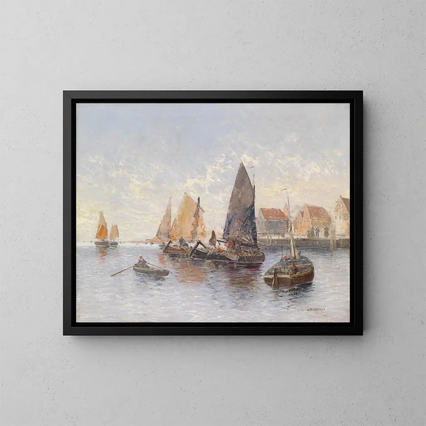 Fishermen at the port - Georg Fischhof — framed artwork on a wall