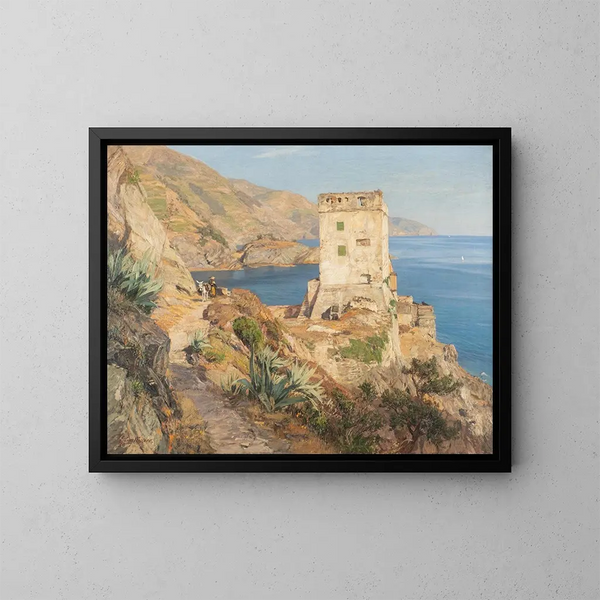 Rocky Coast Painting in Monterosso - Georg Macco — framed artwork on a wall