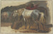 van een wit paard en een bruin paard die rechtop staan naast een mand, op de achtergrond een derde paard met een blauwe deken - Georg Philipp Rugendas de Oudere — weergave van het kunstwerk
