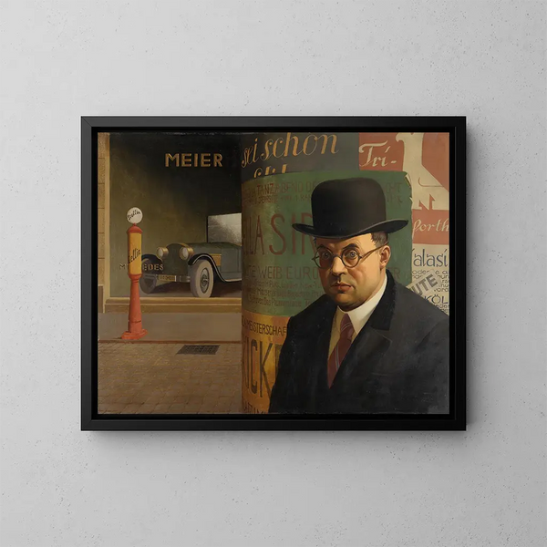 Self-portrait in front of the Litfaßsäule - Georg Scholz — framed artwork on a wall