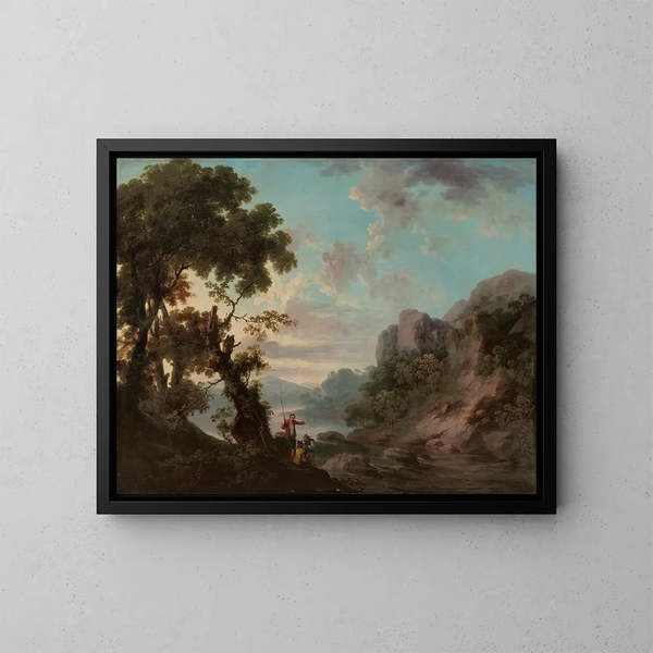 a wooded landscape with a lake and fishermen in the foreground - George Barret — framed artwork on a wall