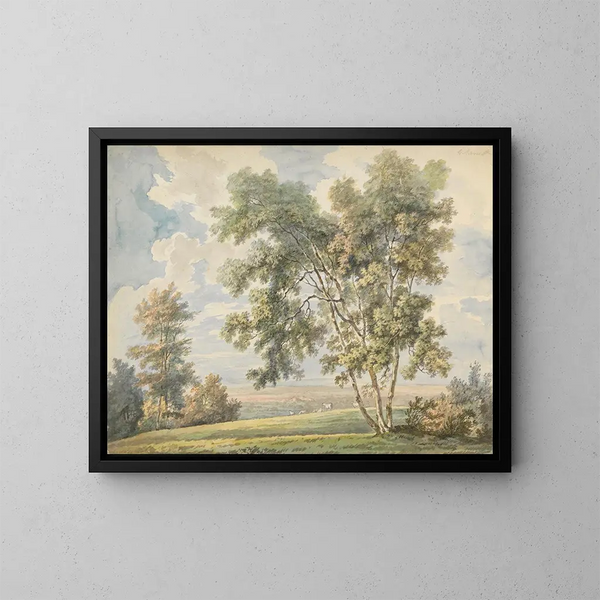 Landscape painting with trees and sheep - George Barret — framed artwork on a wall