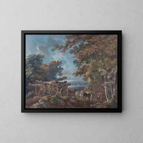 Lumberjack on a rugged path - George Barret — framed artwork on a wall