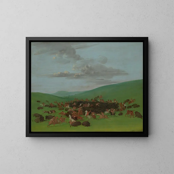 Jacht op bizons omringd door de Hidatsa - George Catlin — ingelijst kunstwerk aan de muur