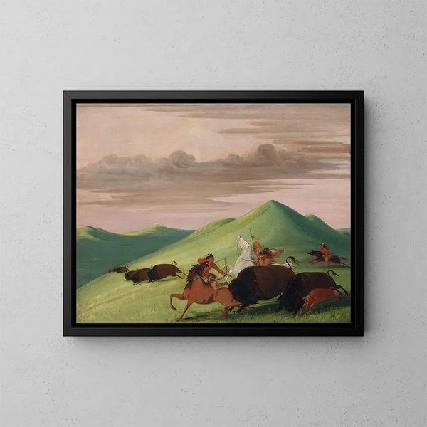 Jacht op de buffel: een stier die een koe en haar kalf beschermt - George Catlin — ingelijst kunstwerk aan de muur
