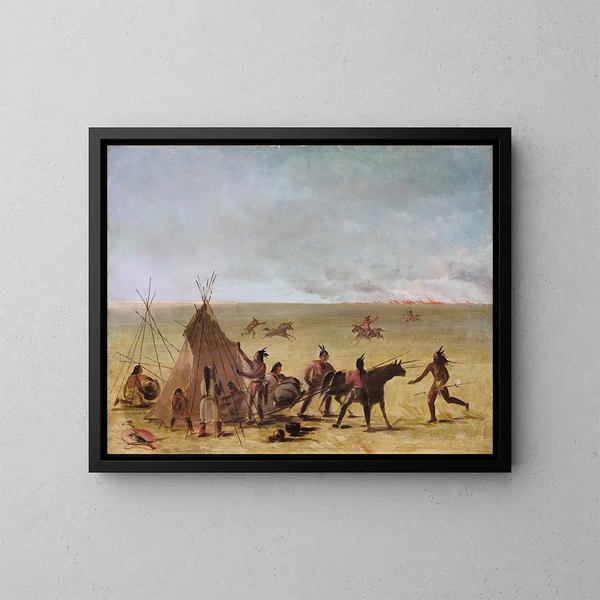 Indian family painting alarmed by the approach of a prairie fire - George Catlin — framed artwork on a wall