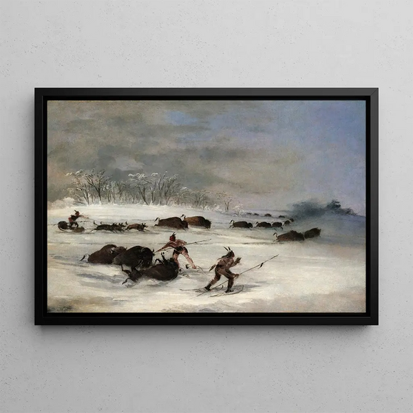 Sioux-indianen op sneeuwschoenen die bizons jagen - George Catlin — ingelijst kunstwerk aan de muur