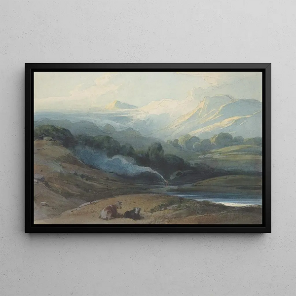 van een vee rustend in een berglandschap - George Chinnery — ingelijst kunstwerk aan de muur