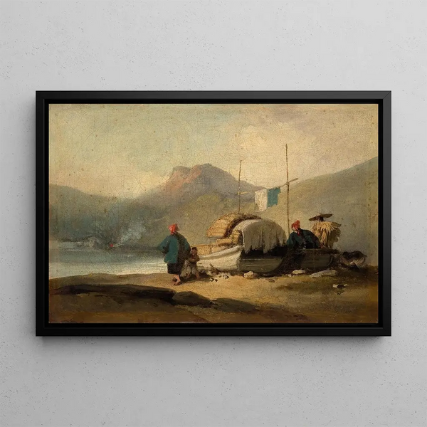 Chinese scène boten bij het meer - George Chinnery — ingelijst kunstwerk aan de muur