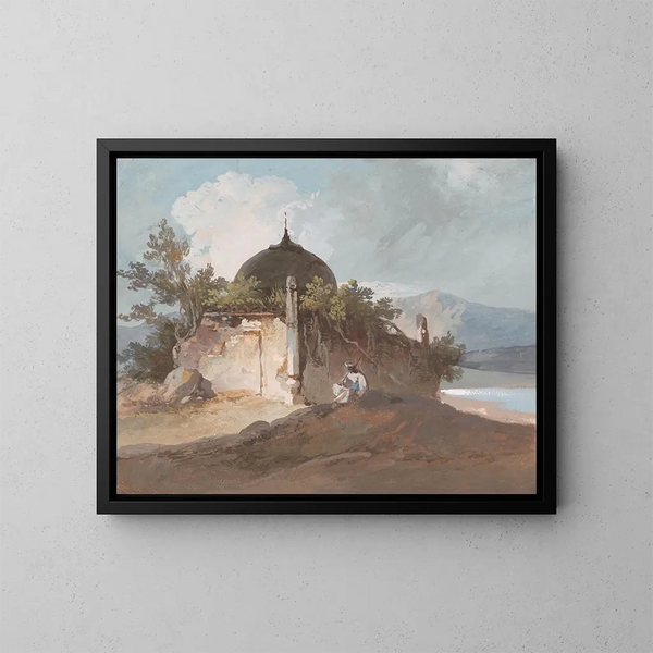 a seated figure near an Indian temple - George Chinnery — framed artwork on a wall