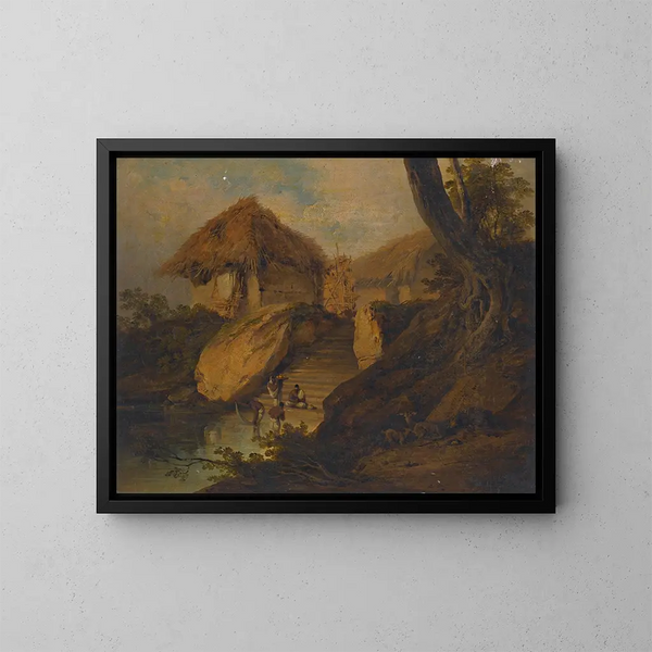 Figures se lavant dans une rivière avec des huttes de chaume derrière, Bengale, Inde - George Chinnery — framed artwork on a wall