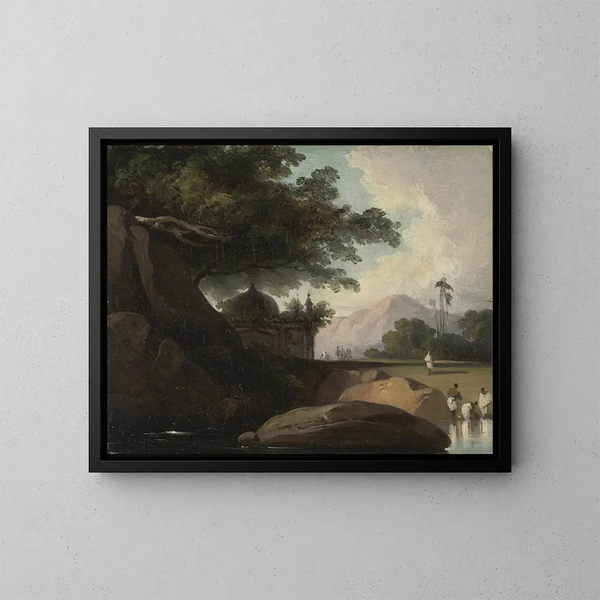 Indian landscape painting with temple - George Chinnery — framed artwork on a wall