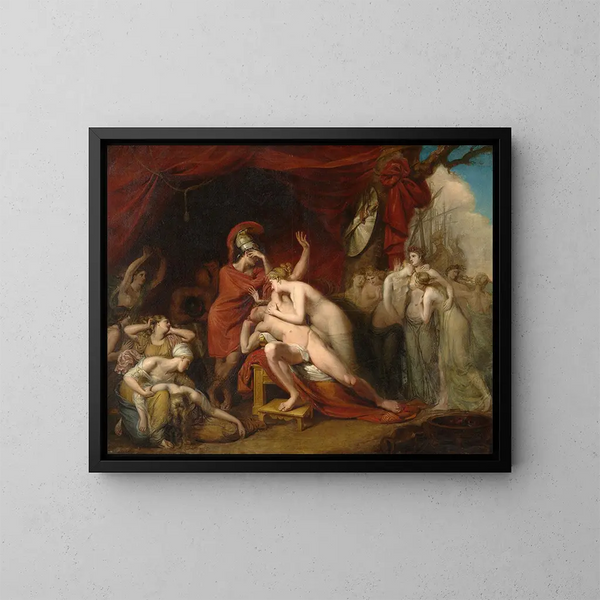 Achille, mad with grief over the loss of Patroclus, rejects Thetis' consolation - George Dawe — framed artwork on a wall