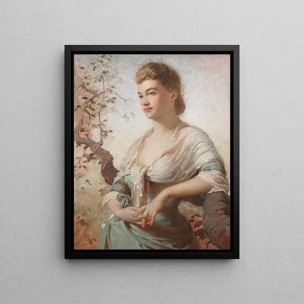 George Elgar Hicks - Portrait of a lady in a white and green dress leaning on a branch.webp