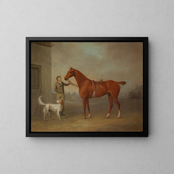 De kastanjebruider van M. Yarburgh, Robin Hood, vastgehouden door een hoefsmid met een hond in een landschap - George Haigh — ingelijst kunstwerk aan de muur