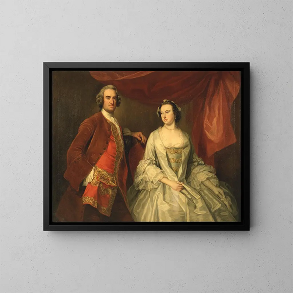 a man and a woman, probably from the vanished family of Little Park House, Wickham, Hampshire - George Knapton — framed artwork on a wall