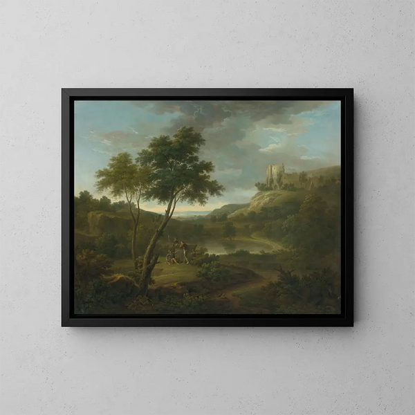 Caprice with a classical sarcophagus and possibly Beeston Castle, Cheshire - George Lambert — framed artwork on a wall
