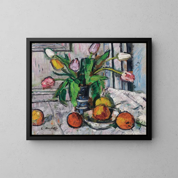 Tulips in a Blue Vase - George Leslie Hunter — framed artwork on a wall