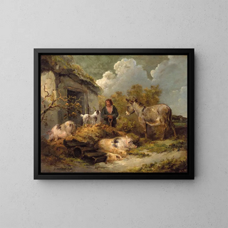 George Morland - A Farm Boy With a Donkey Pigs And a Sheep Dog.webp