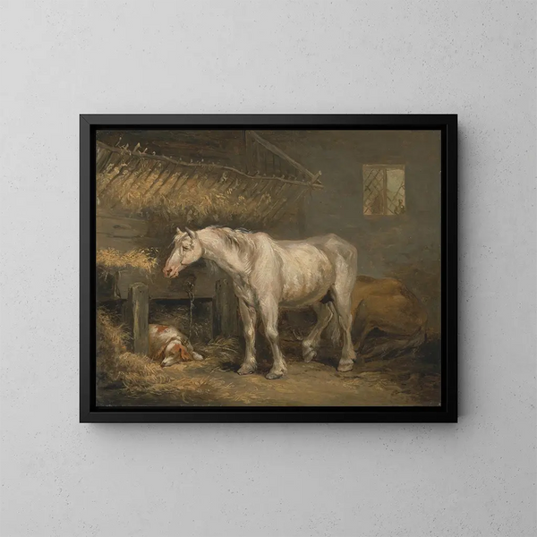 Old horses with a dog in a stable - George Morland — framed artwork on a wall