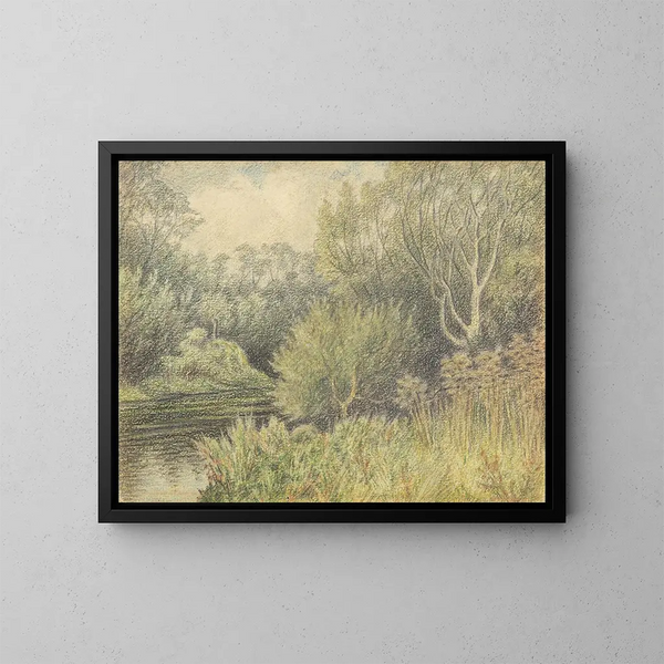River scene without title with willows - George Sherriff — framed artwork on a wall
