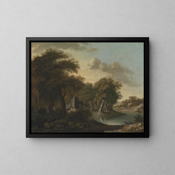 A view near Arundel, Sussex, with ruins by the water - George Smith — framed artwork on a wall