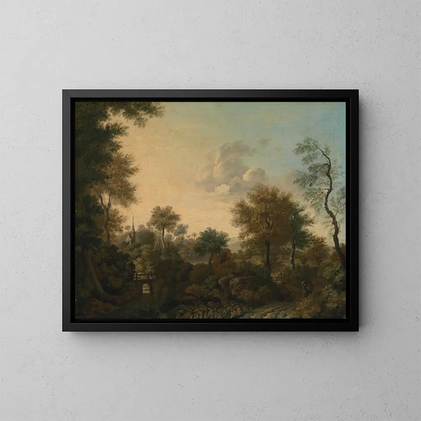 a painting titled "A View Supposed Near Arundel, Sussex, with Figures on a Path" by George Smith — framed artwork on a wall