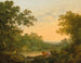 Een bebost landschap met vissers en herders bij een vijver, een ruïne kasteel op de achtergrond - George Smith — weergave van het kunstwerk