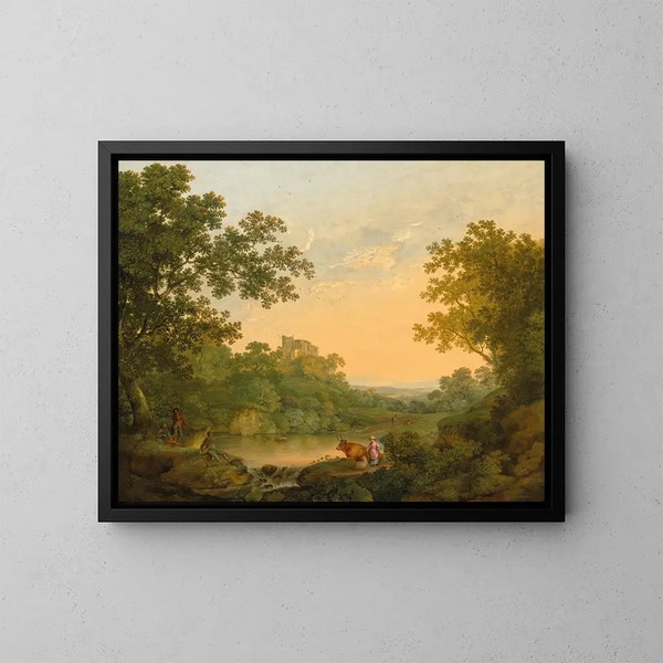 a wooded landscape with fishermen and shepherds near a pond, a ruined castle beyond - George Smith — framed artwork on a wall
