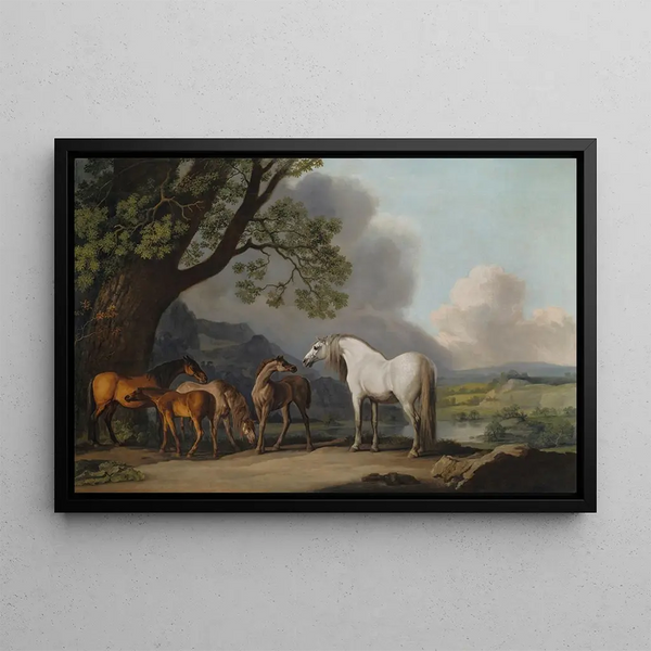 van Juments et Poulains dans un paysage étendu - George Stubbs — ingelijst kunstwerk aan de muur