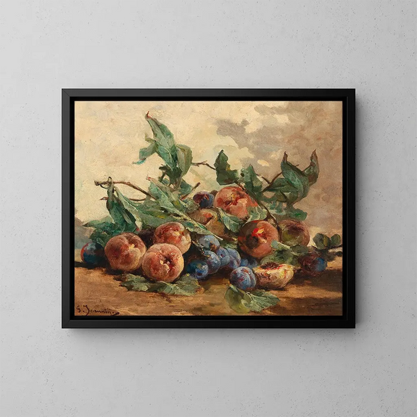 Still life with fruits, plums and peaches - Georges Jeannin — framed artwork on a wall