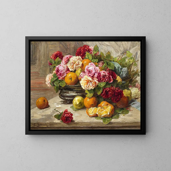 Rose and Fruit Still Life - Georges Jeannin — framed artwork on a wall