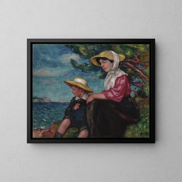 Woman and young boy sitting by the sea - Georges d'Espagnat — framed artwork on a wall