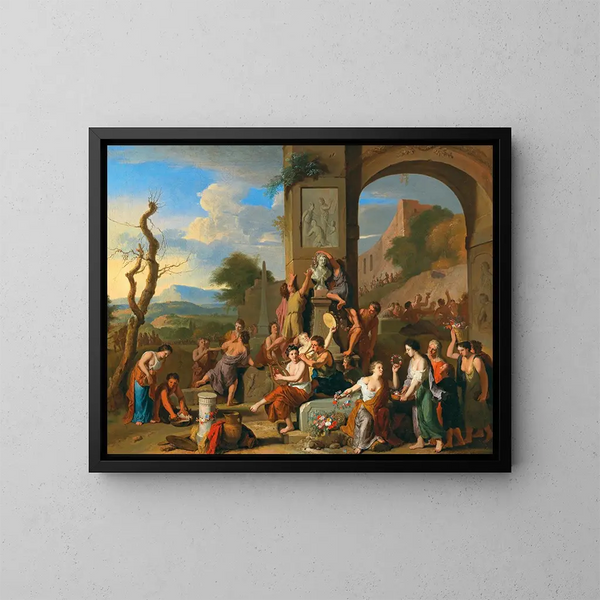 A sacrifice in Roman ruins - Gerard Hoet — framed artwork on a wall