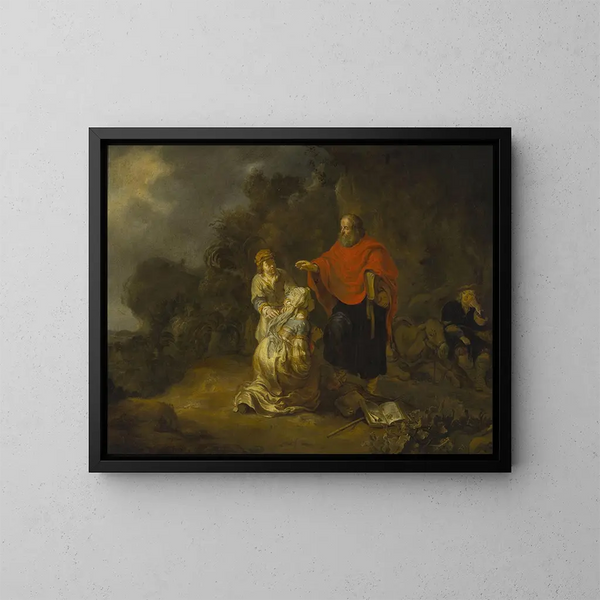 The Prophet Elisha and the Sunamite Woman on Mount Carmel - Gerbrand van den Eeckhout — framed artwork on a wall