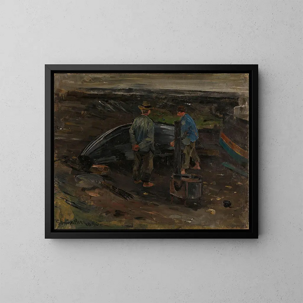 Boys pulling a boat at Nevlunghavn - Gerhard Munthe — framed artwork on a wall