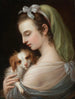 Een vrouw met een King Charles-spaniël - Duitse school — weergave van het kunstwerk