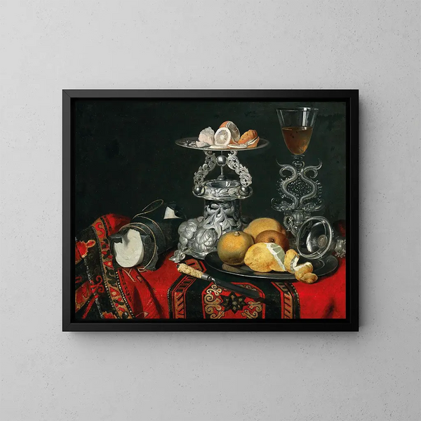 a Still life with a Venetian glass, a silver container, and lemons - German School — framed artwork on a wall
