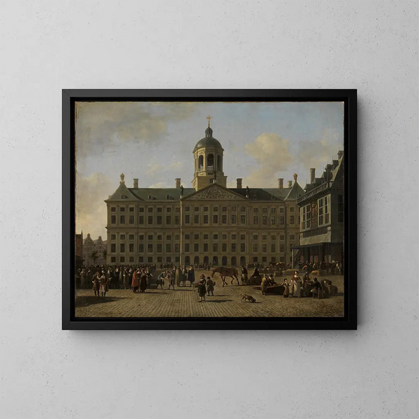 The Dam Square in Amsterdam with the City Hall and the balance - Gerrit Adriaensz Berckheyde — framed artwork on a wall