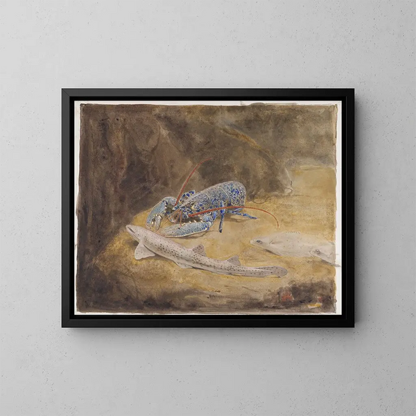 Aquarium with three fish from the North Sea: spiny lobster, dogfish shark, and plaice - Gerrit Willem Dijsselhof — framed artwork on a wall