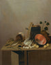 Natuurstudie met een dode eend, vissen, peren, eieren, een koperen pot en andere voorwerpen, alles gerangschikt op een keukenmeubel - Gerrit van Vucht — weergave van het kunstwerk